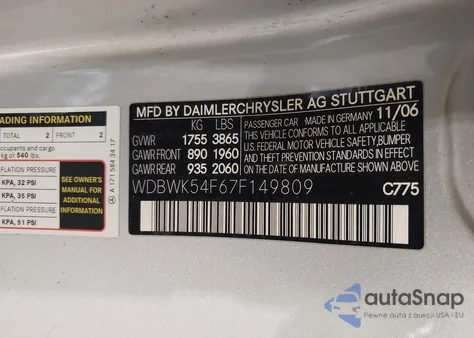 2007 Mercedes-Benz Slk 280 из США, поврежденный, VIN WDBWK54F67F149809